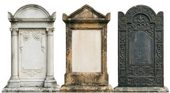 Three antique tombstones or gravestones isolated on transparent background