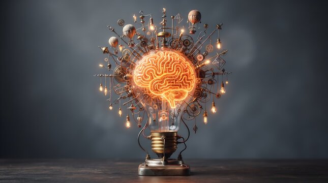 Steampunk brain inside lightbulb idea and creativity concept.