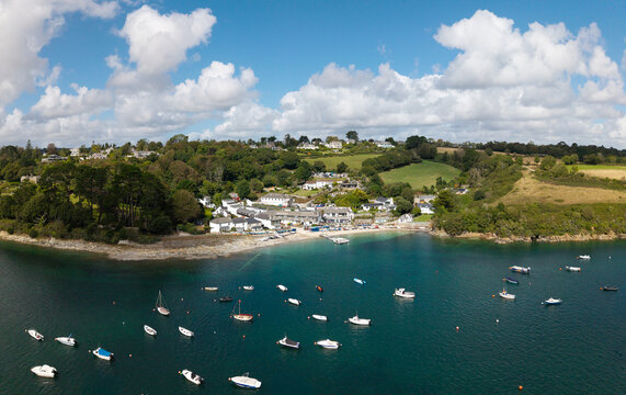 Aerial panorama of Helford Passage in Cornwall, UK with marina and sailing boats