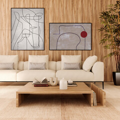 Fototapeta premium 3D rendering, 3d illustration, Large Luxury modern living room interior, brutalist architecture realistic lighting, Graphic Overlay wide angle, contemporary furniture, clean lines, minimalist