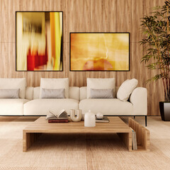 Fototapeta premium 3D rendering, 3d illustration, Large Luxury modern living room interior, brutalist architecture realistic lighting, Graphic Overlay wide angle, contemporary furniture,