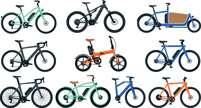  Modern bicycle vector illustration set featuring various electric mountain and city bikes isolated on white background