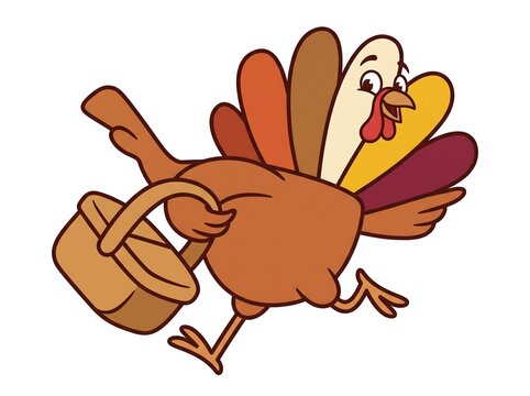 Cartoon turkey running with picnic basket isolated on a white background