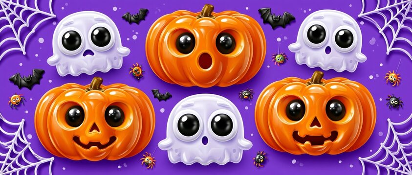 Cute halloween pumpkins and ghosts celebrating spooky holiday