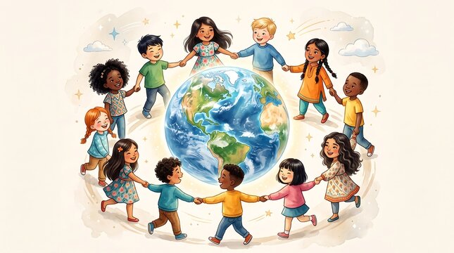 Diverse children holding hands around the earth celebrating global unity