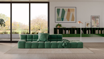 Fototapeta premium 3D rendering, 3d illustration, Large Luxury modern living room realistic lighting, Graphic Overlay wide angle, contemporary furniture, clean lines, minimalist decor, elegant home design, large window