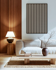 Fototapeta premium 3D rendering, 3d illustration, Large Luxury modern living room realistic lighting, Graphic Overlay wide angle, contemporary furniture, clean lines, minimalist decor, elegant home design, large window