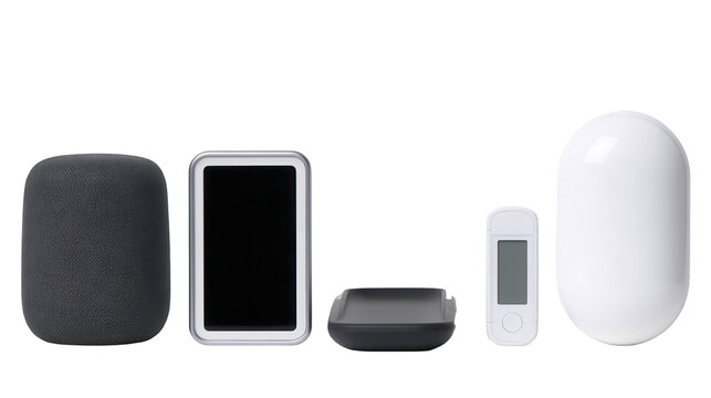 Five modern consumer electronics items aligned horizontally on