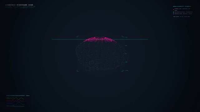 Futuristic Sci-Fi HUD Medical Telemetry Interface with 3D Rotating Wireframe Brain Undergoing Horizontal Laser Diagnostic Scan on Black Background for Advanced Neurotechnology Visuals