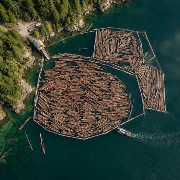 Log Rafts Floating in Forest Lake