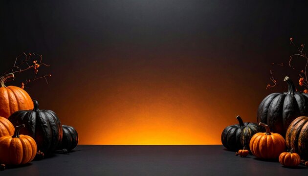 Halloween Pumpkins on Dark Background with Orange Glow and Large Copy Space for Website Advertising