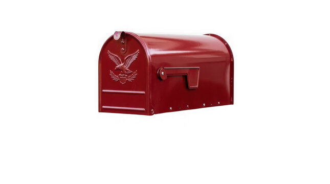 Classic red metal mailbox with eagle emblem isolated on transparent background