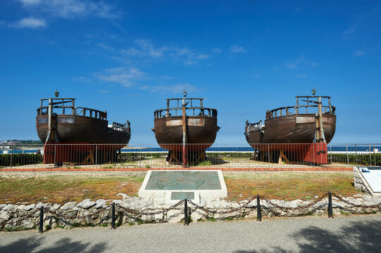 Replica of Vital Alsar&rsquo;s expedition galleons at Magdalena Peninsula in Santander, Spain