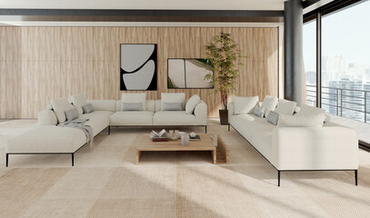 Fototapeta premium 3D rendering, 3d illustration, Large Luxury modern living room realistic lighting, Graphic Overlay wide angle, contemporary furniture, clean lines, minimalist decor, elegant home design, large window