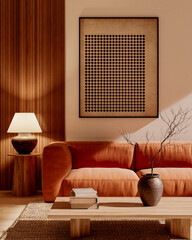 Fototapeta premium 3D rendering, 3d illustration, Large Luxury modern living room realistic lighting, Graphic Overlay wide angle, contemporary furniture, clean lines, minimalist decor, elegant home design, large window