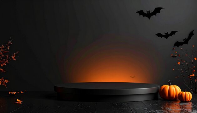Dark Halloween Product Podium with Orange Glow, Bats, Pumpkins and Copy Space for Advertising