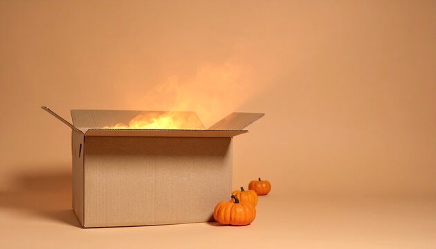 Open Halloween Mystery Box with Orange Glow, Mini Pumpkins and Copy Space for Seasonal Promotion
