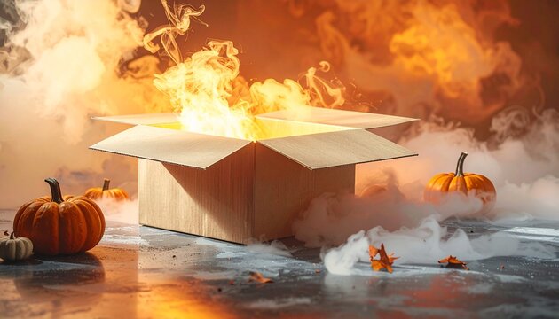 Open Halloween Mystery Box with Glowing Smoke, Pumpkins and Copy Space for Seasonal Advertising