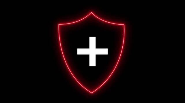 Shield with cross icon animation. Medical shield with a plus sign icon, red shield with a central plus sign.4k animation motion graphics video with alpha chanle.