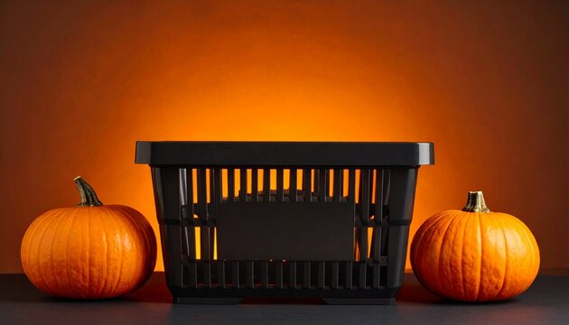 Black Shopping Basket Between Halloween Pumpkins with Orange Glow and Copy Space for Advertising
