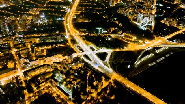 Ufa, Russia. Panorama of the city center. Night city lights. Drone footage