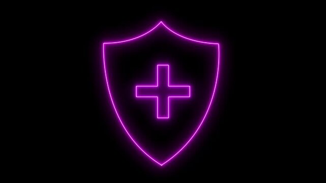 Glowing neon line shield with plus icon animation representing healthcare protection. Medical shield with a plus sign icon, red shield with a central plus sign, representing vital status.4k video