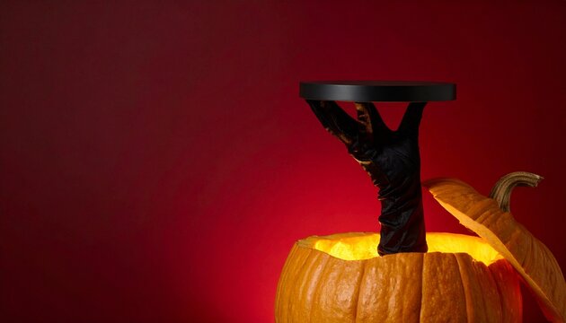 Black Hand Holding Empty Product Tray Above Glowing Halloween Pumpkin with Copy Space