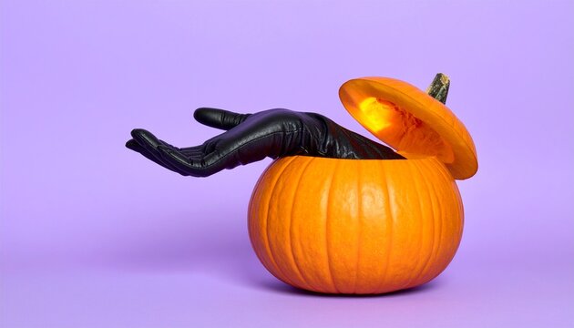 Black Hand Emerging from Halloween Pumpkin on Purple Background with Copy Space for Advertising
