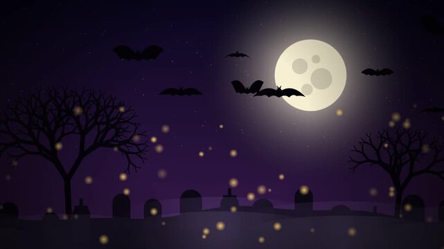 halloween night bats flying and full moon with fireflyes animation