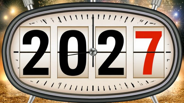 Creative New Year 2027 concept with mechanical flip clock showing transition from 2026 to 2027