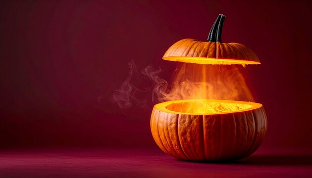 Glowing Halloween Pumpkin Product Podium with Smoke and Copy Space for Advertising