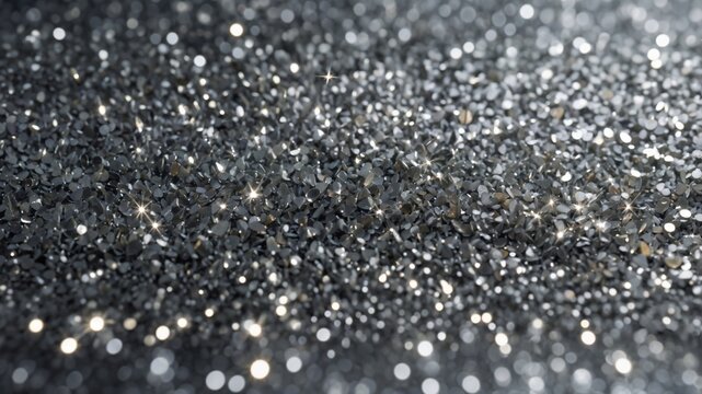 Cool silver-gray glitter texture with dense sparkling particles, metallic reflections, fine grain, and a clean festive background aesthetic.