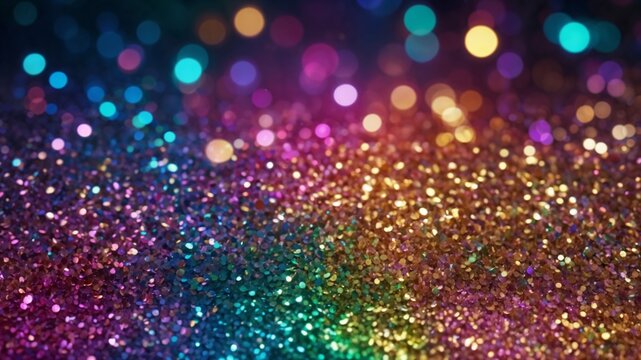 Colorful glitter and bokeh lights blending pink, blue, purple, and gold tones into a vibrant festive background with dreamy luminous particles.