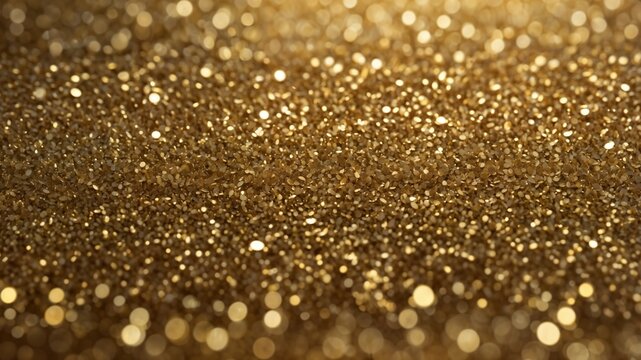 Macro view of golden glitter with radiant particles, soft metallic highlights, warm champagne tones, and a rich luxurious texture for celebratory designs.