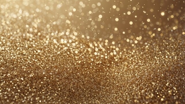 Elegant champagne-gold glitter background with delicate sparkling particles, soft bokeh highlights, warm metallic tones, and a refined luxurious atmosphere.