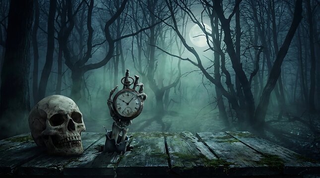 Human Skull and Skeleton Hand Holding Pocket Watch on Wooden Table in Dark Eerie Forest Background