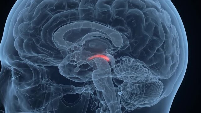 An accurate medical education illustration highlighting brain anatomy and neural pathways in a transparent human skull