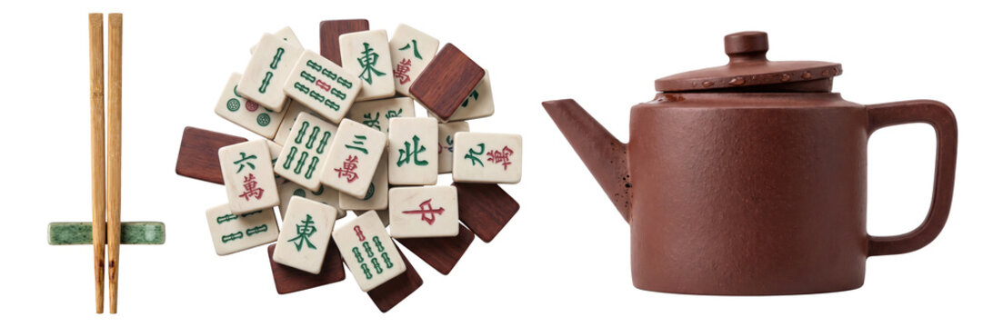 Set of Asian dining and game objects isolated on a transparent or white background. Traditional Chinese cultural entertainment, tea ceremony equipment and playing tiles.
