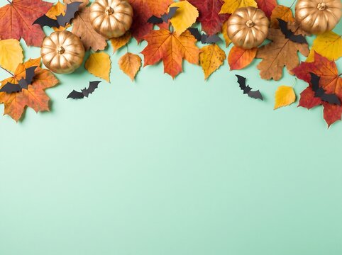 Metallic gold pumpkins and black paper bats with autumn leaves on pastel green background for elegant halloween social media banners and seasonal invitations.
