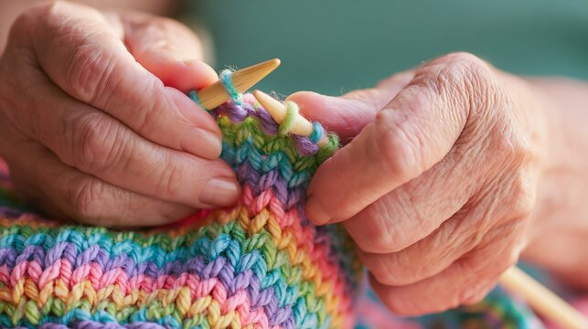 Close up view of the wrinkled hands of an elderly woman working on a knitting project with multicolored yarn and wooden needles during the bright afternoon.