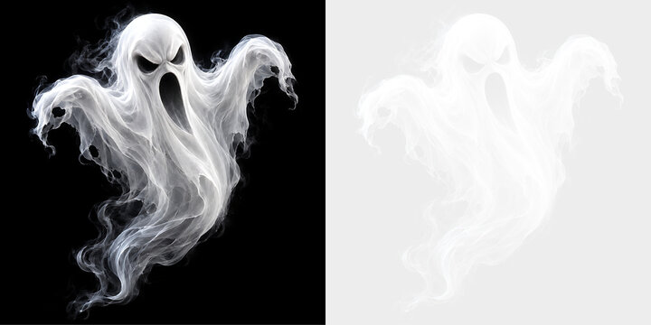 Scary angry white smoke ghost reaching out. Aggressive Halloween horror spirit on transparent background