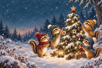 Obraz premium Woodland squirrels decorate glowing Christmas tree amid snowy forest