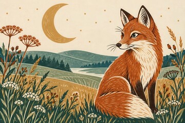 Obraz premium Vintage fox illustration amid wildflowers beneath crescent moon