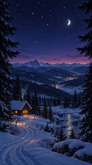 Obraz premium Mobile wallpaper, dreamy moonlit snowy cabin valley beneath starry mountains