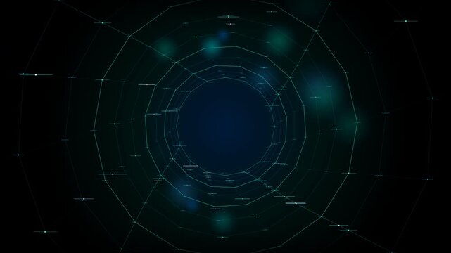Futuristic Infinite Wireframe Cyber Tunnel Flight Through Glowing Neon Cyan and Cobalt Blue Geometric Rings with Streaming Binary Data Bits on Black Background for Modern AI Sci-Fi Intros