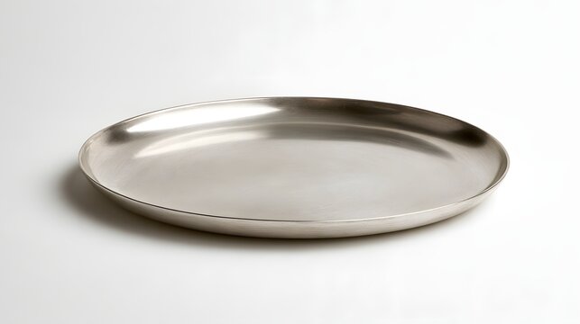 Empty round silver metal tray isolated on white background