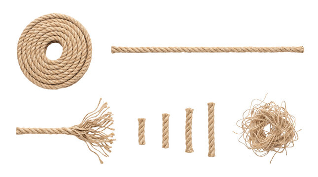 Natural jute rope twine cords and coils isolated on white background for packaging craft and nautical cordage mockup