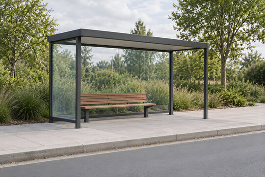 Empty glass bus shelter with wooden bench beside a quiet road