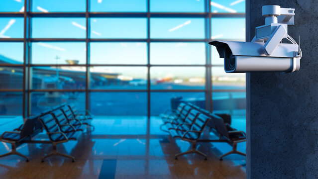 Airport security, CCTV surveillance camera monitors the passenger waiting area inside an airport terminal, providing safety and remote security control.
