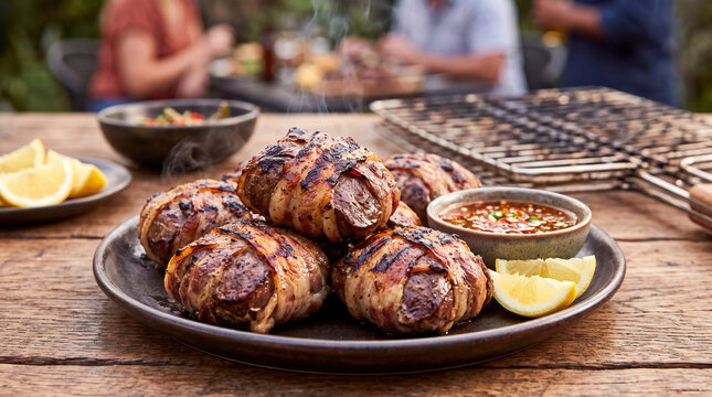 Traditional South African Skilpadjies of Grilled Beef Liver Wrapped in Caul Fat on a Wooden Table